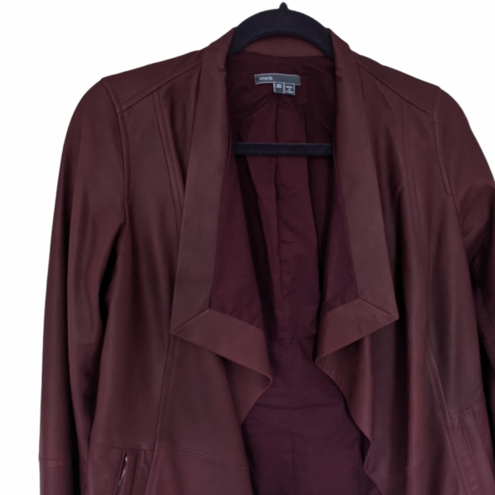 VINCE Leather Burgundy Red Drape Neck Open Jacket Size XS - Picture 4 of 10